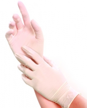 Latex-Handschuh SKIN, gepudert (XL,L,M,S, 24 cm,  weiß & blau)